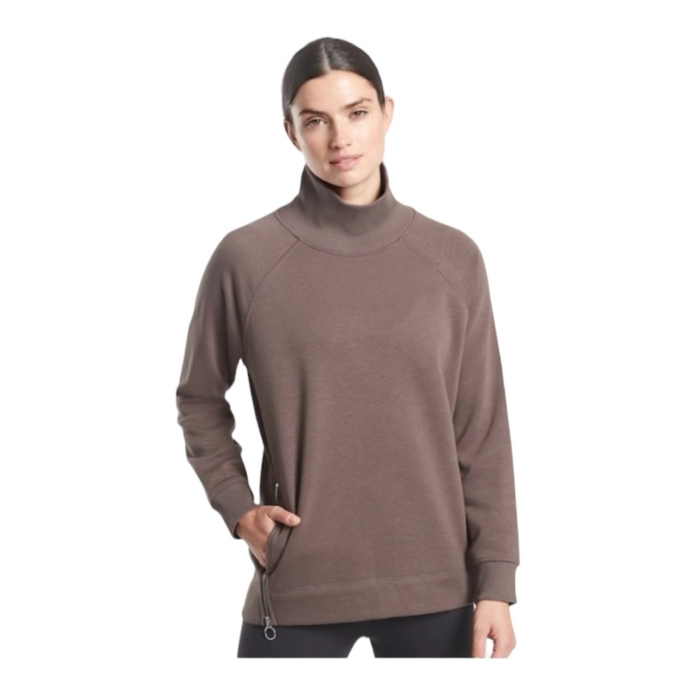 Athleta Cozy Karma Side Zip Cowl Neck Sweatshirt Pullover w/ Pockets - Mocha
